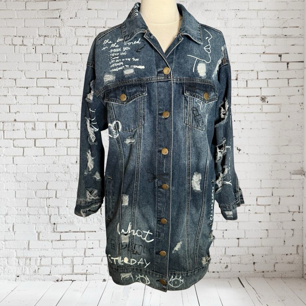 New Upcycled Denim Jacket Long Thrashed Destroyed Sz 14 Women‎ Graffiti Painted